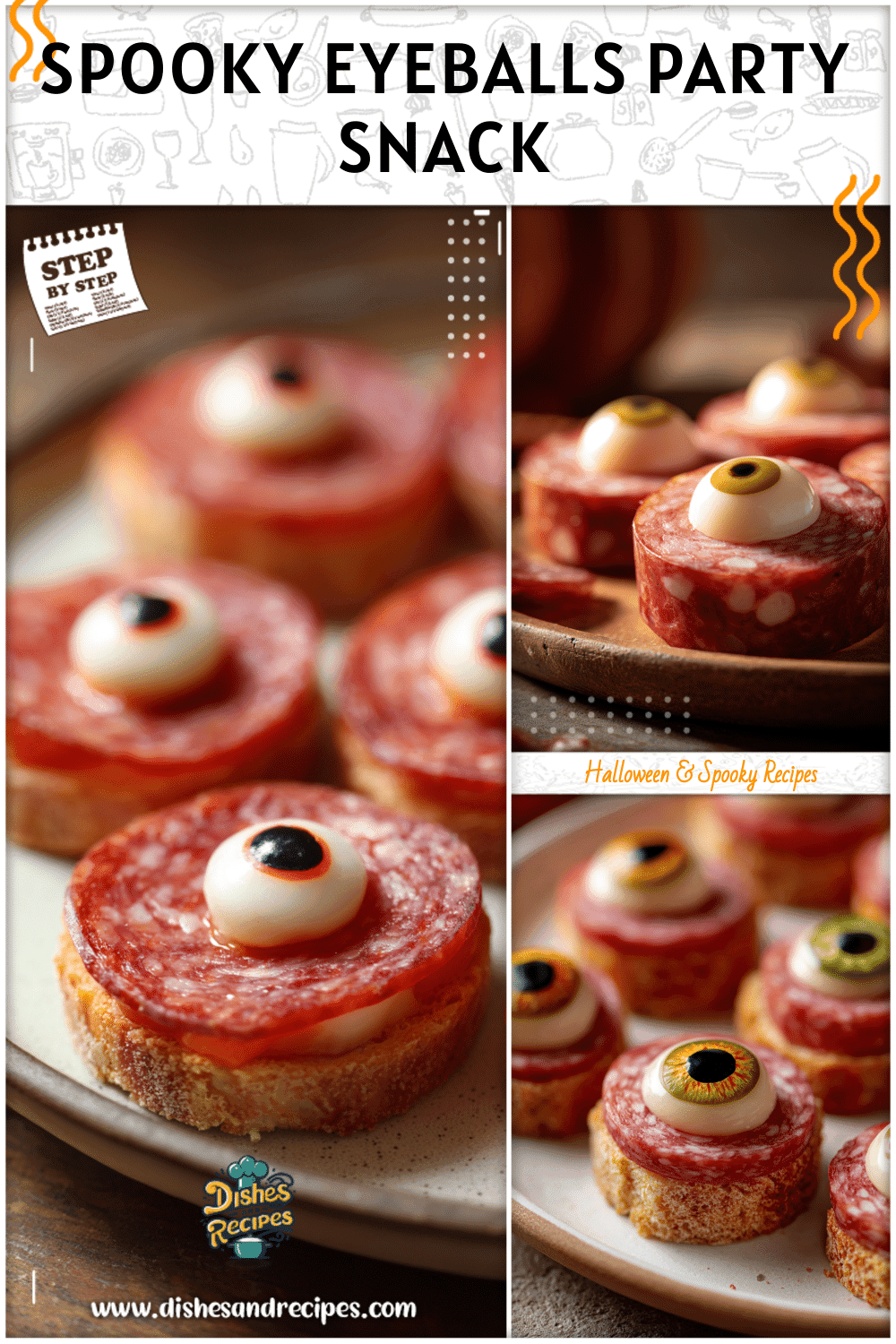 Eyeball-shaped snack made with salami and mozzarella on a serving plate